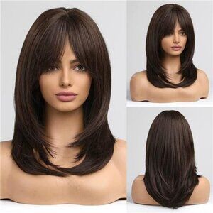 Layered Wigs with Bangs Heat Resistant Synthetic Dark Brown